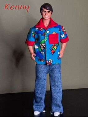 Super Mario themed doll shirt lined in red with red accents - OOAK